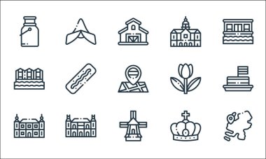 Holland Hattı ikonları. Doğrusal küme. Harita, yel değirmeni, ba, crown, rijksmuseum, bloemenmarkt, lale, kraliyet sarayı, holland gibi kalite vektör dizileri