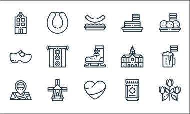 Holland Hattı ikonları. Doğrusal küme. Lale, Hollanda, haritalar, spekülasyonlar, yel değirmeni, takunyalar, kraliyet sarayı, tompouce, rookbest gibi kalite vektör dizileri