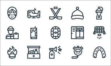 Hokey çizgisi simgeleri. Doğrusal küme. Ağız koruyucusu, korna, disk, kronometre, ilk yardım kiti, koç, dolaplar, bere, buz yüzeyi gibi kalite vektör dizileri