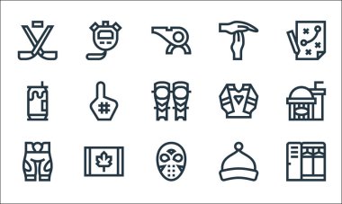 Hokey çizgisi simgeleri. Doğrusal küme. Dolaplar, hokey maskesi, pantolon, bere, Kanada, bira kutusu, kıyafetler, mola, kronometre gibi kalite vektör dizileri