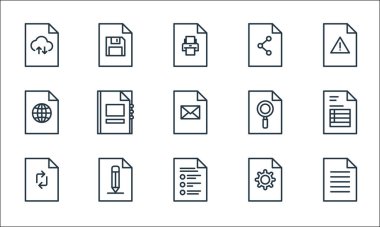dosya ve belge ana hat simgeleri. Doğrusal küme. Belge, seçenekler, tazeleme, ayarlar, düzenleme, çevrimiçi arama, paylaşma, kaydetme gibi kalite vektör çizgisi