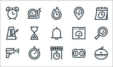 Hız göstergesi ve zaman çizelgesi simgeleri. Doğrusal küme. Mutfak zamanlayıcısı, bitiş çizgisi, hız radarı, saat, kronometre, metronom, hız göstergesi, yavaş hız göstergesi gibi kalite vektör çizgisi