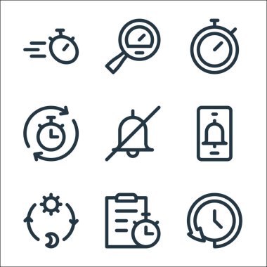 Hız göstergesi ve zaman çizelgesi simgeleri. Doğrusal küme. Kaliteli vektör çizgisi, kronometre, gece gündüz, alarm yok, kronometre, hız göstergesi gibi.