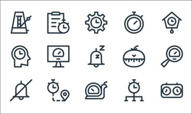 Hız göstergesi ve zaman çizelgesi simgeleri. Doğrusal küme. Saat, yavaş, alarm yok, zaman, zaman, zaman yönetimi, mutfak zamanlayıcısı, kronometre gibi kalite vektör çizgisi