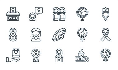 Kadınların gündüz çizgisi simgeleri. Doğrusal küme. Dünya, konuşma, hediye, inşa, ödül, sekiz, kadın, ayna, mesaj gibi kalite vektör çizgisi