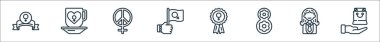 Kadınların gündüz çizgisi simgeleri. Doğrusal küme. Hediye, kadın, sekiz, ödül, bayrak, barış, kahve gibi kalite vektör çizgisi