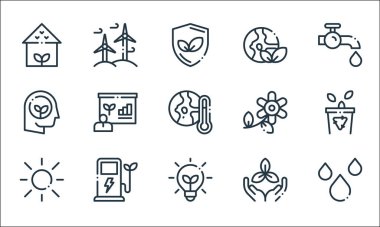 Ekoloji çizgisi simgeleri. Doğrusal küme. Su, ampul, güneş, ekoloji, ekolojik yakıt, düşünce, çiçek, dünya, eolik gibi kalite vektör çizgisi kümesi