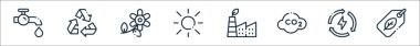 Ekoloji çizgisi simgeleri. Doğrusal küme. Ürün, yenilenebilir enerji, co, eko fabrikası, güneş, çiçek, geri dönüşüm gibi kalite vektör çizgisi