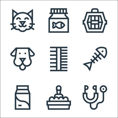 Evcil hayvan dükkânı simgeleri. Doğrusal küme. Stetoskop, kedi kutusu, süt, balık kemiği, tarak, köpek, hayvan taşıyıcı, balık yemi gibi kalite vektör dizileri