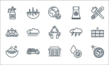 İklim değişikliği çizgisi simgeleri. Doğrusal küme. Güneş sistemi, maden arabası, güney kutbu, sıvı damlası, kamyon, orman yangını, gök gürültüsü, nükleer santral, kuraklık gibi kalite vektör dizileri