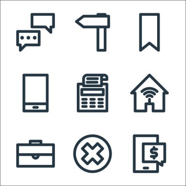 Pazarlama sektörü simgeleri. Doğrusal küme. ekommerce, silme, evrak çantası, internet, faks makinesi, telefon, etiket, sol ok gibi kalite vektör satırı