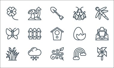 Bahar çizgisi simgeleri. Doğrusal küme. Rüzgar değirmeni, rüzgar, ot, gökkuşağı, yağmurlu gün, kelebek, yumurta, böcek, mantar gibi kalite vektör çizgisi