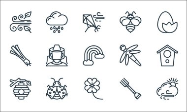 Bahar çizgisi simgeleri. Doğrusal küme. Bulutlu, çiçek, arı kovanı, çatal, böcek, bahar soğanı, ejderha sineği, arı, yağmurlu gün gibi kalite vektör çizgisi