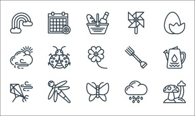 Bahar çizgisi simgeleri. Doğrusal küme. Mantar, kelebek, uçurtma, yağmurlu gün, ejderha sineği, bulutlu, çatal, rüzgar değirmeni, mevsim gibi kalite vektör dizileri