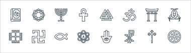 ruhani semboller çizgi simgeleri. Doğrusal küme. Yerli, chi rho, ateist, paganizm, torii kapısı, menorah, valknut, sahasrara gibi kalite vektör dizileri