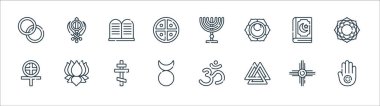 ruhani semboller çizgi simgeleri. Doğrusal küme. Jainizm, valknut, boynuz, putperestlik, Kuran, emirler, menorah, sisizm gibi kalite vektör dizileri