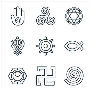 ruhani semboller çizgi simgeleri. Doğrusal küme. Yerli, Svadhishthana, Hıristiyanlık, Budizm, Sikizm, Anahata, Triskelion gibi kalite vektör çizgisi
