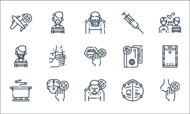 Koronavirüs önleme çizgisi simgeleri. Doğrusal küme. Dokunmayanlar, öksürmeyenler, tıbbi maske takmayanlar, dokunmayanlar, tıbbi maske, seyahat etmeyenler, şırınga, tıbbi maske