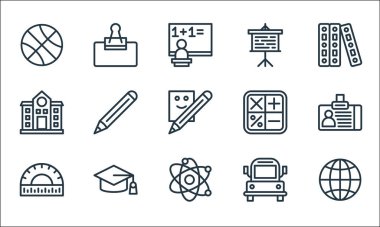 Okul çizgisi simgeleri. Doğrusal küme. İnternet, fen, açıölçer, otobüs, derece, okul, hesap makinesi, sunum, klip gibi kalite vektör dizileri