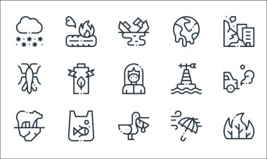İklim değişikliği çizgisi simgeleri. Doğrusal küme. Orman yangını, pelikan, kutup ayısı, rüzgar, kirlilik, çekirge, izleme, küresel ısınma, lastik