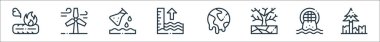 İklim değişikliği çizgisi simgeleri. Doğrusal küme. Ormanların tahrip edilmesi, kentsel, kuraklık, küresel ısınma, gelgit, kirlilik, rüzgar enerjisi gibi kalite vektör çizgisi