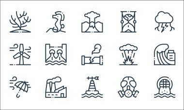 İklim değişikliği çizgisi simgeleri. Doğrusal küme. Kentsel, izleme, rüzgar, gaz maskesi, fabrika, rüzgar enerjisi, patlama, kum saati, deniz atı gibi kalite vektör çizgisi
