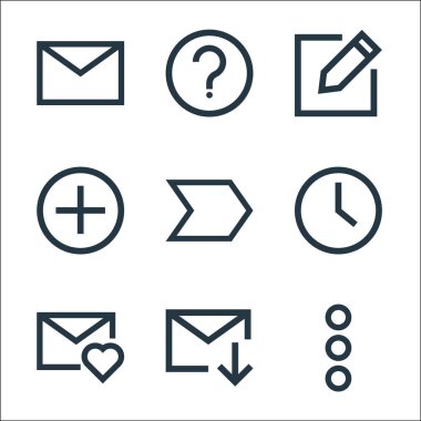 e- posta hattı simgeleri. Doğrusal küme. daha fazla indirme, favori, saat, sağ, toplama, yazma, yardım gibi kalite vektör çizgisi kümesi