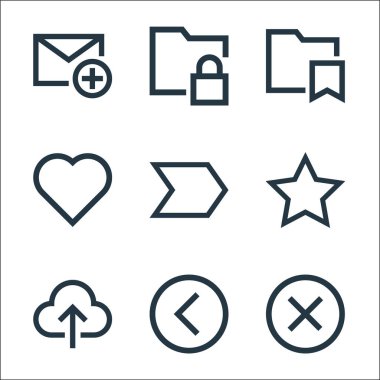 e- posta hattı simgeleri. Doğrusal küme. Çapraz, sol, yükleme, favori, sağ, sevgi, kaydetme, kilitleme gibi kalite vektör çizgisi