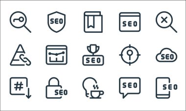 Web uygulamaları seo line simgeleri. Doğrusal küme. Cep telefonu, sıcak, aşağı ok, sohbet, asma kilit, bağlantı, hedef, arama motoru optimizasyonu, güvenli gibi kalite vektör dizileri