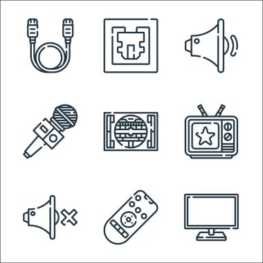 Televizyon dizisi simgeleri. Doğrusal küme. TV, akıllı TV, sessiz, TV şovu, test kartı, mikrofon, kısık ses, port gibi kalite vektör dizileri