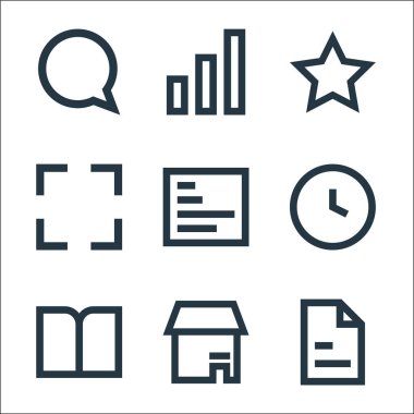 kullanıcı arayüzü satır simgeleri. Doğrusal küme. Belge, depolama, kitap, saat, rapor, tam ekran, yıldız, çubuklar gibi kalite vektör çizgisi