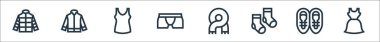 Çamaşır çizgisi simgeleri. Doğrusal küme. Elbise, spor ayakkabı, çorap, atkı, iç çamaşırı, atkı, atlet, ceket gibi kalite vektör dizileri