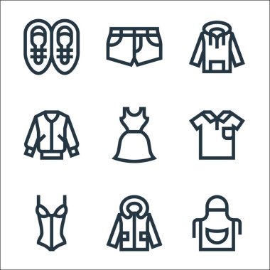 Çamaşır çizgisi simgeleri. Doğrusal küme. Önlük, ceket, korse, polo gömlek, elbise, ceket, kapüşon, kısa