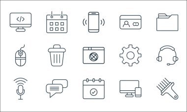 kullanıcı arayüzü satır simgeleri. Doğrusal küme. fırça, anımsatma, mikrofon, bilgisayar, sohbet, fare, ayar, kimlik kartı, takvim gibi kalite vektör dizileri