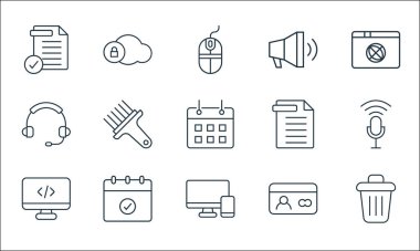 kullanıcı arayüzü satır simgeleri. Doğrusal küme. Silme, bilgisayar, html, kimlik kartı, anımsatma, kulaklık, belge, odak, bulut kilidi gibi kalite vektör dizileri