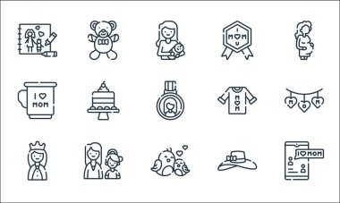 Anneler günü sembolleri. Doğrusal küme. Mesaj, kuş, kraliçe, pamela şapka, anne, kupa, anneler günü, anneler günü, ayı gibi kalite vektör satırı kümesi