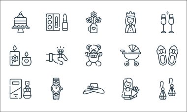 Anneler günü sembolleri. Doğrusal küme. Küpe, pamela şapka, parfüm, çiçek buketi, lüks, kokulu mum, bebek arabası, kraliçe, göz farı gibi kalite vektör çizgisi kümesi