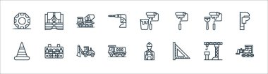 İnşaat çizgisi simgeleri. Doğrusal küme. Buldozer, cetvel, kamyon, koni, silindir, mikser, boya silindiri, can yeleği gibi kalite vektör çizgisi kümesi