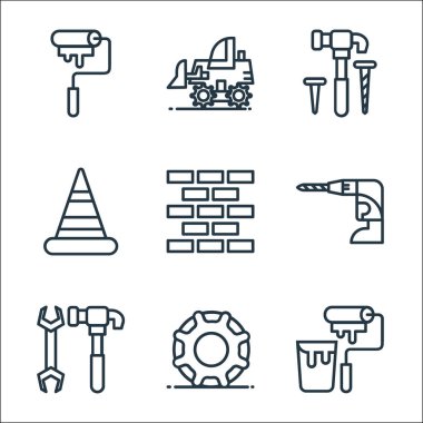 İnşaat çizgisi simgeleri. Doğrusal küme. Boya silindiri, tekerlek, ingiliz anahtarı, matkap, duvar, koni, çekiç, traktör gibi kalite vektör çizgisi