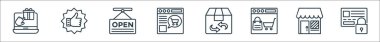 Alışveriş çizgisi simgeleri. Doğrusal küme. Güvenli ödeme, dükkan, çevrimiçi alışveriş, dağıtım kutusu, çevrimiçi alışveriş, açık, geri bildirim gibi kalite vektör çizgisi