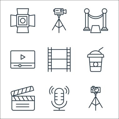 Sinema çizgisi simgeleri. Doğrusal küme. Kamera, mikrofon, klaket, soda, film rulosu, video oynatıcı, halı, video kamera gibi kalite vektör dizileri
