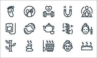 Alternatif tıp çizgisi simgeleri. Doğrusal küme. Kaliteli vektör dizisi: litoterapi, kaplıca, bambu, cilt bakımı, sıcak taşlar, serum, masaj, mıknatıs, yiyecek yok.