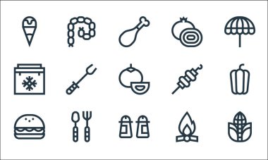 Düz barbekü çizgisi simgeleri. Doğrusal küme. Mısır, sos, hamburger, şenlik ateşi, çatal bıçak takımı, portatif buzdolabı, şiş, soğan, salam gibi kalite vektör dizileri