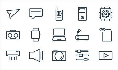 Teknoloji çizgisi simgeleri. Doğrusal küme. Oynama, kamera, klima, eşitleyici, ses, radyo, sıcak nokta, işlemci, ileti gibi kalite vektör dizileri