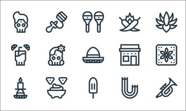 Cinco de mayonez çizgisi simgeleri. Doğrusal küme. Trompet, mum, churros, guacamole, tekila, house, chili pepper, balero gibi kalite vektör dizileri