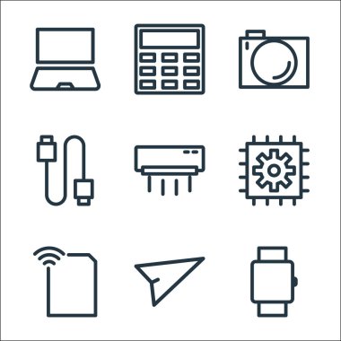 Teknoloji çizgisi simgeleri. Doğrusal küme. Kalite vektör çizgisi saat, gönderme, sıcak nokta, mikroçip, klima, kablo, kamera, hesap makinesi gibi