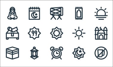 Ramadhan çizgi simgeleri. Doğrusal küme. Oruç, alarm, Mekke, masaj el hizb, fener, yardım, güneş, sajadah, takvim gibi kalite vektör dizileri
