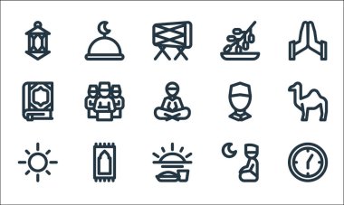 Ramadhan çizgi simgeleri. Doğrusal küme. Saat, oruç, güneş, şalat, sajadah, quran, insan avatarı, tarih, cami gibi kalite vektör çizgisi