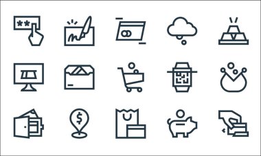 Ödeme çizgisi simgeleri. Doğrusal küme. Cit kart, alışveriş, cüzdan, domuz kumbarası, konum, çevrimiçi ödeme, qr scan, bulut, çek gibi kalite vektör dizileri