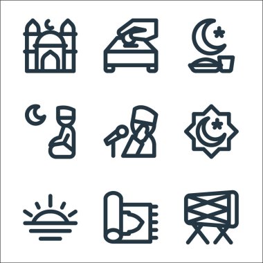Ramadhan çizgi simgeleri. Doğrusal küme. Kazma, sajadah, günbatımı, ovma el hizb, adzan, shalat, oruç, sadaka gibi kalite vektör çizgisi